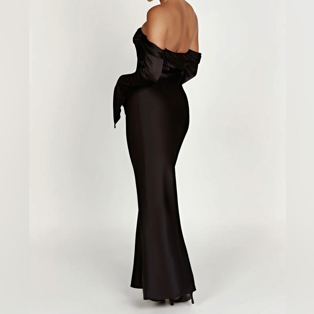 Meshki -  NWOT Giselle Black Off Shoulder Cowl Neck Satin Maxi Dress - Picture 3 of 8